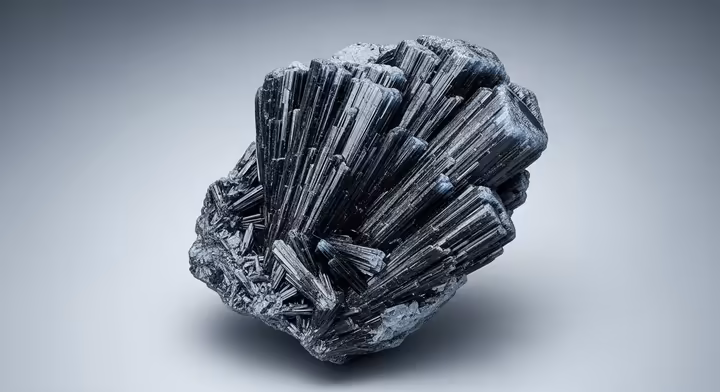 A classic 'Witch's Broom' specimen of Black Kyanite, showing its radiating fan of black, bladed crystals against a neutral background.