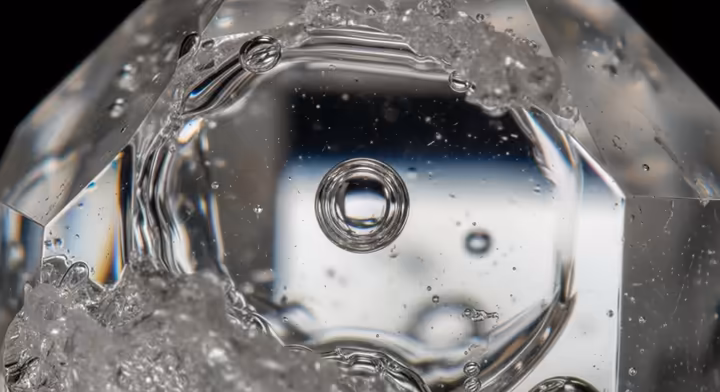 A macro view of an enhydro inclusion within a clear quartz crystal, showing a tiny, mobile air bubble trapped in water.