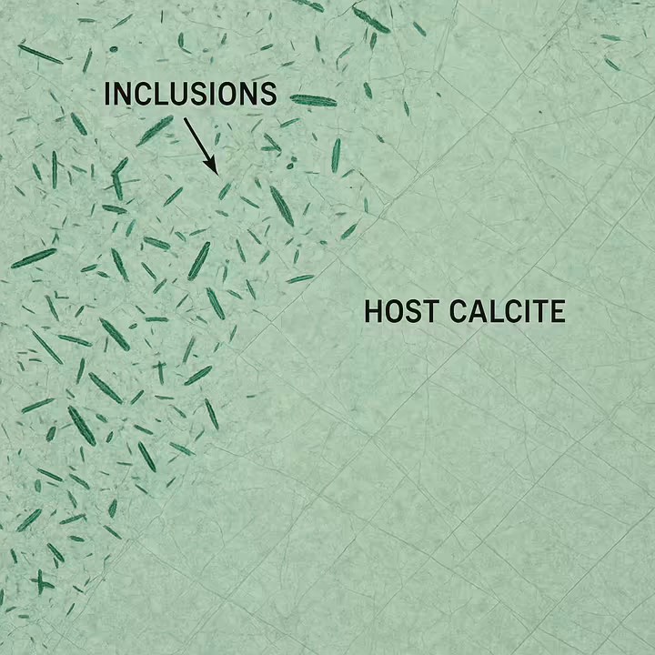 A microscopic image showing green mineral inclusions, like chlorite needles or celadonite flakes, dispersed within a clearer calcite host, illustrating the cause of its green color.
