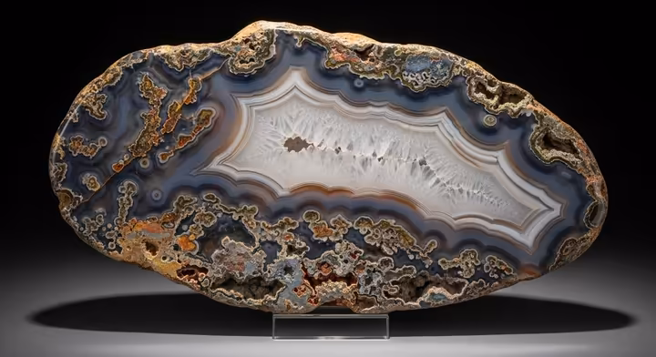 Illustrative large, polished Montana Agate specimen on display, perhaps in a museum setting.
