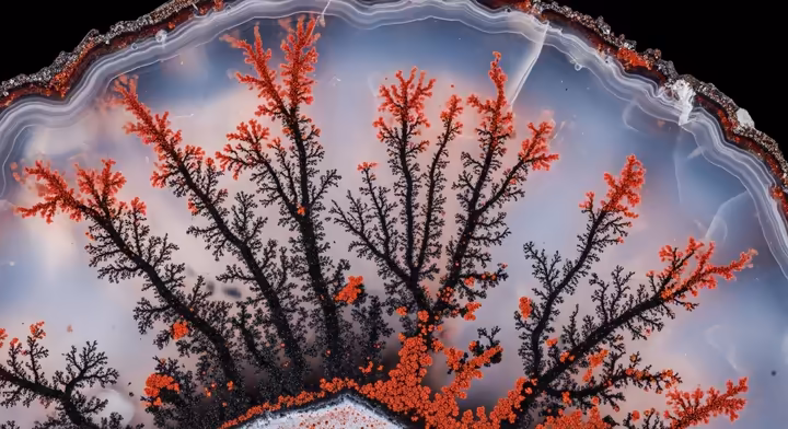 Artistic representation of microscopic iron and manganese oxide dendrites forming within chalcedony.
