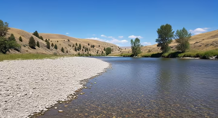 Scenic view of the Yellowstone River with gravel bars, a prime location for Montana Agate collecting.