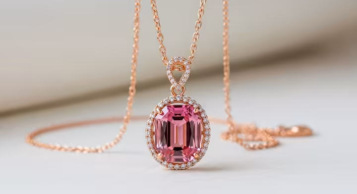 A piece of jewelry, like a pendant or ring, featuring a faceted pink tourmaline, representing the October birthstone.